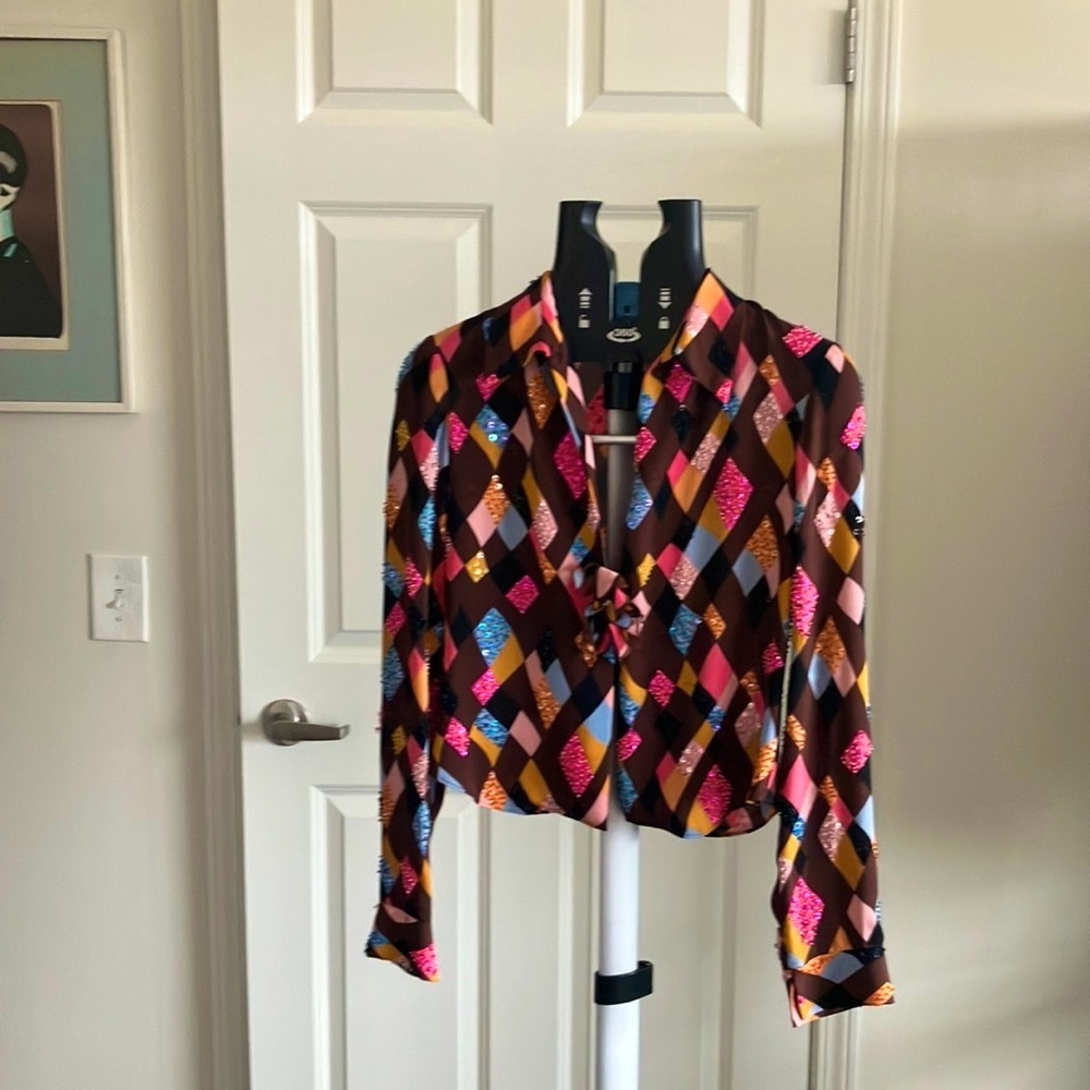 Diane Von Furstenberg silk S/XS blouse sequin beads Coachella gorgeous rare